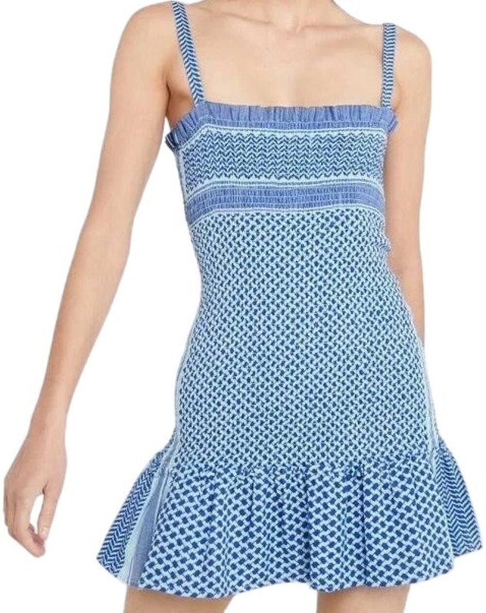 Cecilie Copenhagen Judith Fluted Shirred Cotton Jacquard Mini Dress Blue Small